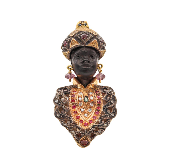 *Vintage Venetian Nubian Prince Pendant Brooch in 18 kt gold & Silver with 2.58 Cts in Gemstones