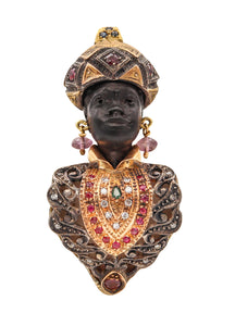 *Vintage Venetian Nubian Prince Pendant Brooch in 18 kt gold & Silver with 2.58 Cts in Gemstones