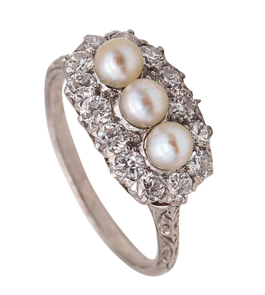 Black Starr And Frost 1910 Edwardian Deco Ring In Platinum With Diamonds And Natural Pearls