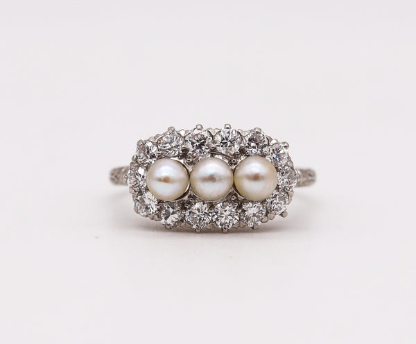 Black Starr And Frost 1910 Edwardian Deco Ring In Platinum With Diamonds And Natural Pearls