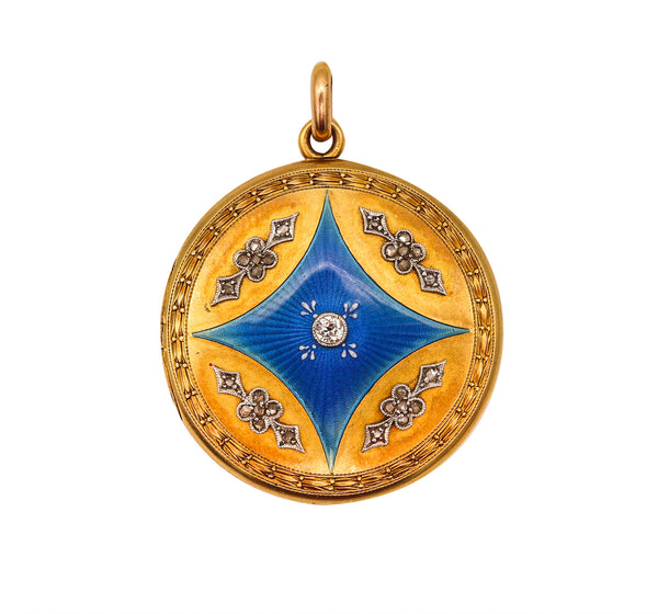 Edwardian 1905 Guilloche Enameled Locket Pendant In 18Kt Gold With Rose Cut Diamonds