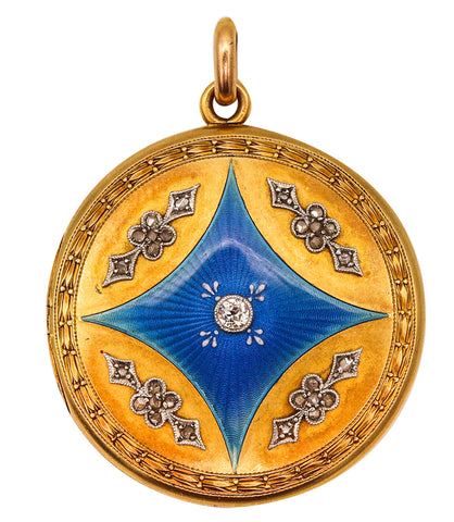 Edwardian 1905 Guilloche Enameled Locket Pendant In 18Kt Gold With Rose Cut Diamonds