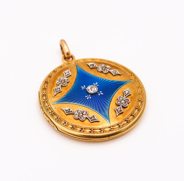 Edwardian 1905 Guilloche Enameled Locket Pendant In 18Kt Gold With Rose Cut Diamonds