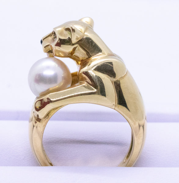 CARTIER PARIS 18 KT RARE PANTHER WITH PEARL RING