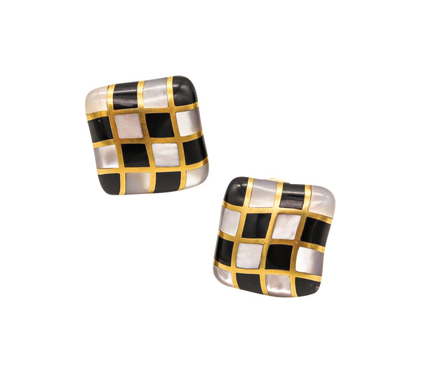 -Angela Cummings 1984 Checkerboard Earrings In 18Kt Gold Black Jade White Nacre