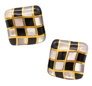 -Angela Cummings 1984 Checkerboard Earrings In 18Kt Gold Black Jade White Nacre
