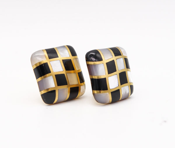 -Angela Cummings 1984 Checkerboard Earrings In 18Kt Gold Black Jade White Nacre