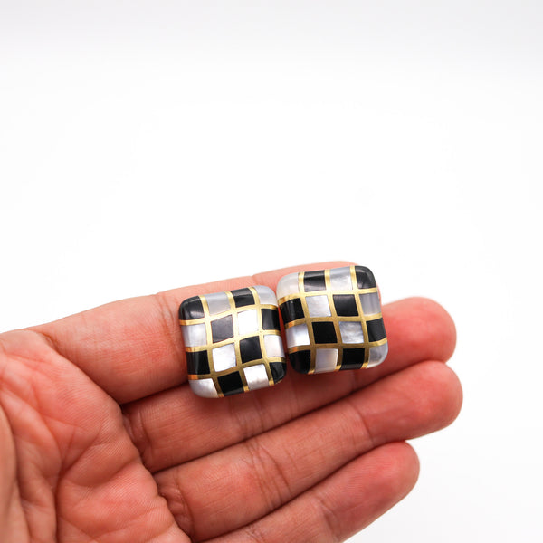 -Angela Cummings 1984 Checkerboard Earrings In 18Kt Gold Black Jade White Nacre