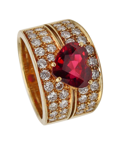 Gia Certified Cocktail Ring In 18Kt Yellow Gold With 4.11 Cts Heart Cut Red Ruby And Diamonds