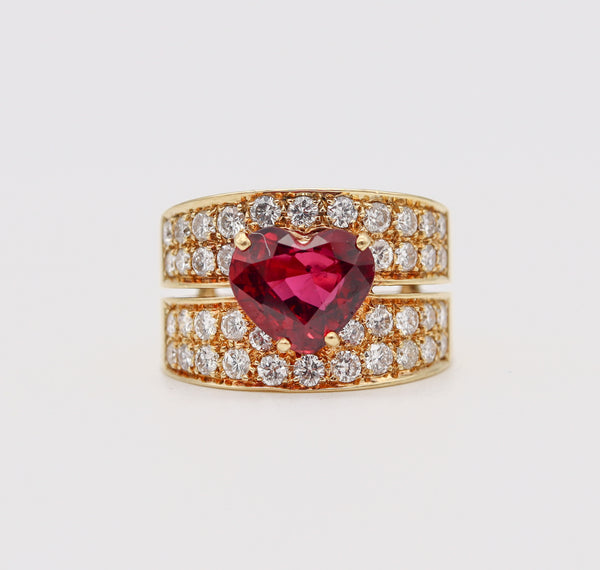 Gia Certified Cocktail Ring In 18Kt Yellow Gold With 4.11 Cts Heart Cut Red Ruby And Diamonds