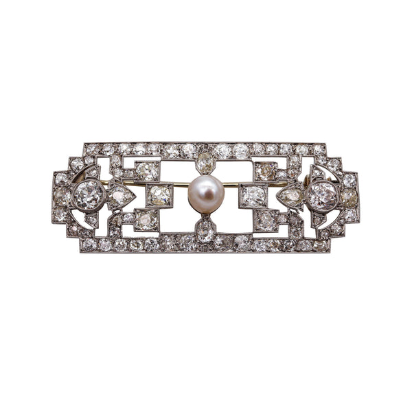 -French 1920 Art Deco Geometric Brooch In Platinum With 10.70 Ctw In Diamonds