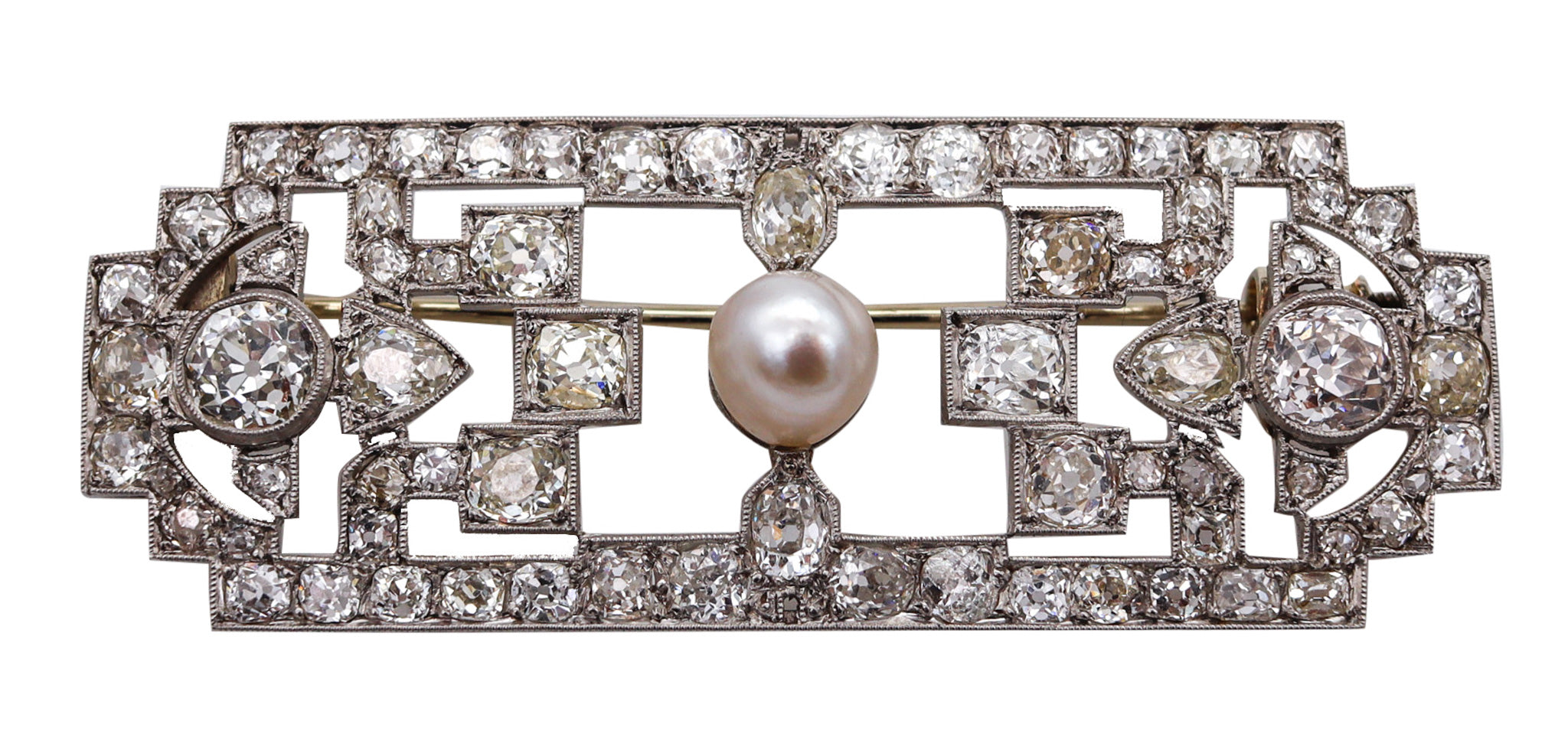 -French 1920 Art Deco Geometric Brooch In Platinum With 10.70 Ctw In Diamonds