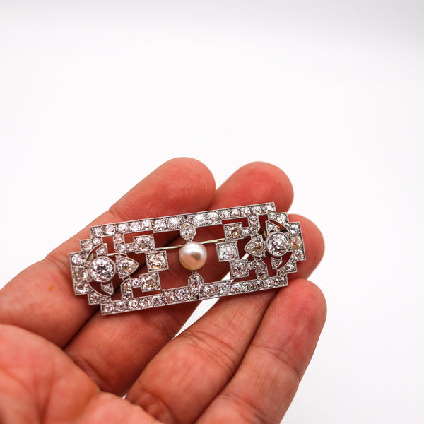 -French 1920 Art Deco Geometric Brooch In Platinum With 10.70 Ctw In Diamonds