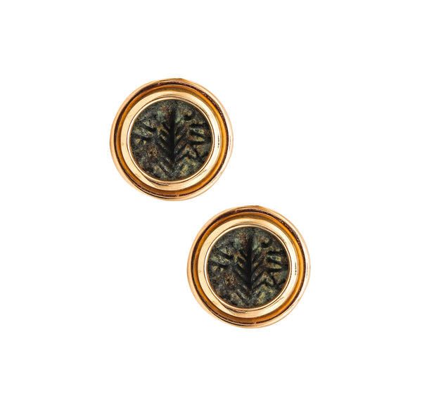 Ancient Rome Judaea 58 AD Bronze Prutah Coins Cufflinks In 14Kt Yellow Gold