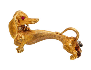 -Garavelli Aldo Dachshund Dog 1950 Brooch In Textured 18Kt Yellow Gold With Ruby