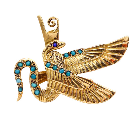 *Art Deco 1920 Egyptian Revival Brooch with a winged Serpent in 18 kt gold with Turquoises