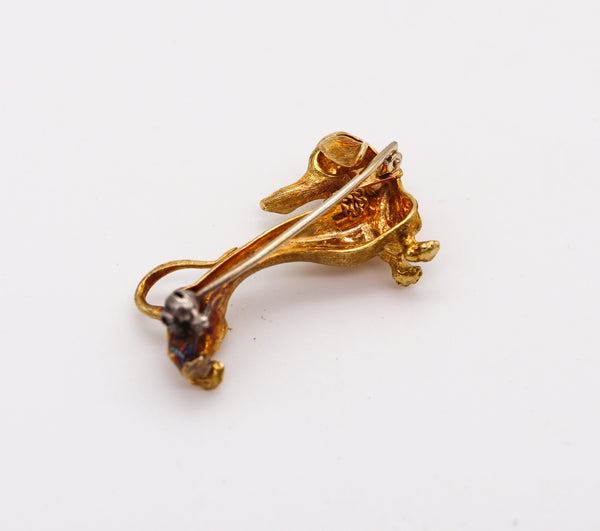 -Garavelli Aldo Dachshund Dog 1950 Brooch In Textured 18Kt Yellow Gold With Ruby