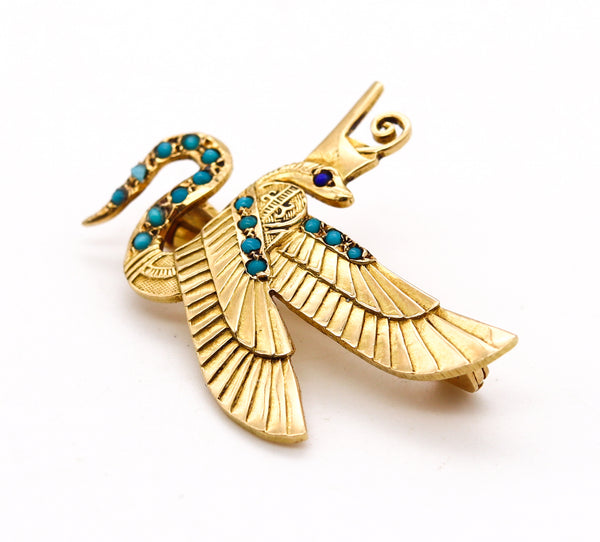 *Art Deco 1920 Egyptian Revival Brooch with a winged Serpent in 18 kt gold with Turquoises