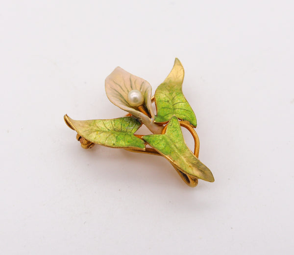 -Krementz 1900 Art Nouveau Edwardian Enamel Orchid Flower Brooch In 18Kt Yellow Gold