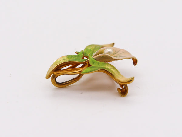 -Krementz 1900 Art Nouveau Edwardian Enamel Orchid Flower Brooch In 18Kt Yellow Gold