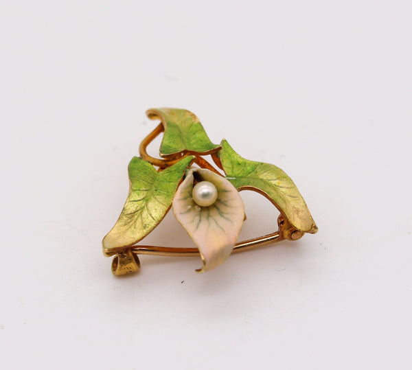 -Krementz 1900 Art Nouveau Edwardian Enamel Orchid Flower Brooch In 18Kt Yellow Gold