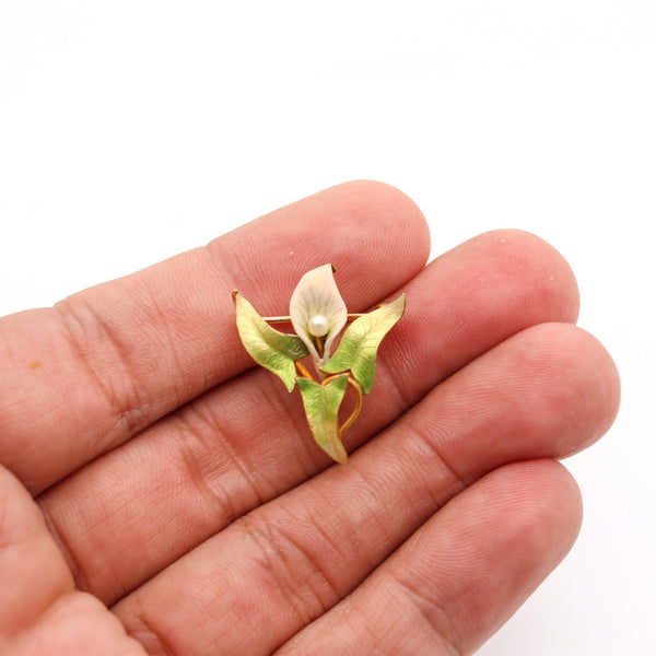 -Krementz 1900 Art Nouveau Edwardian Enamel Orchid Flower Brooch In 18Kt Yellow Gold