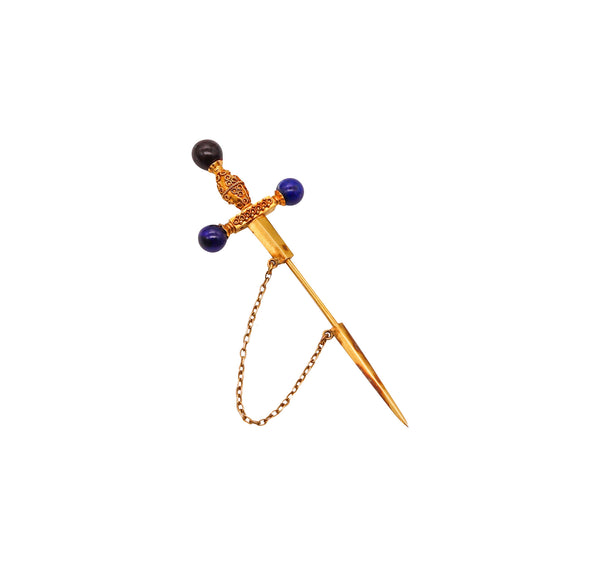 -Italian 1950 Dagger Jabot Brooch In 18Kt Yellow Gold With Lapis Lazuli