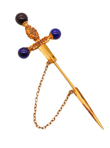 -Italian 1950 Dagger Jabot Brooch In 18Kt Yellow Gold With Lapis Lazuli