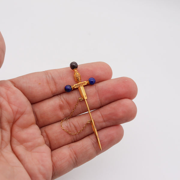 -Italian 1950 Dagger Jabot Brooch In 18Kt Yellow Gold With Lapis Lazuli