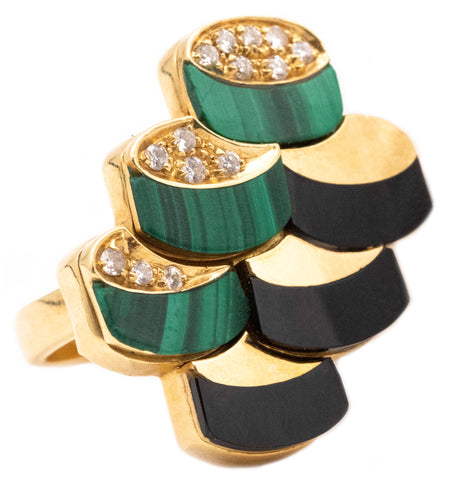 MID CENTURY 18 KT OPTICAL RING WITH DIAMONDS MALACHITE & ONYX