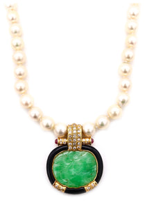 ITALY MID CENTURY 1960 CHINOISERIE NECKLACE WITH 21.38 Ctw IN JADE EMERALDS ONYX AND PEARLS