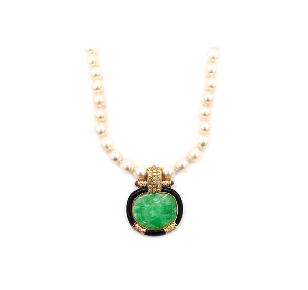 ITALY MID CENTURY 1960 CHINOISERIE NECKLACE WITH 21.38 Ctw IN JADE EMERALDS ONYX AND PEARLS