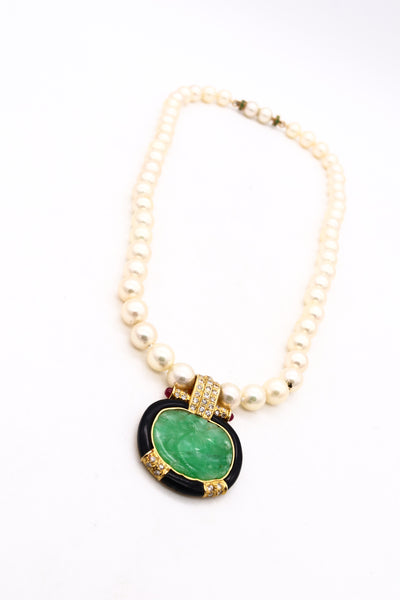 ITALY MID CENTURY 1960 CHINOISERIE NECKLACE WITH 21.38 Ctw IN JADE EMERALDS ONYX AND PEARLS