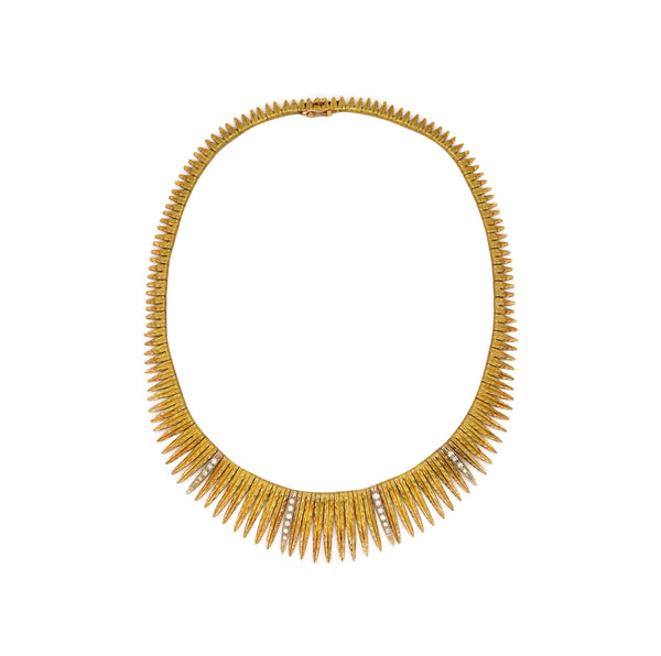 -French 1960 Mid Century Fringe Feathers Necklace In 18Kt Gold With Diamonds
