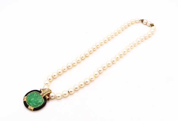 ITALY MID CENTURY 1960 CHINOISERIE NECKLACE WITH 21.38 Ctw IN JADE EMERALDS ONYX AND PEARLS