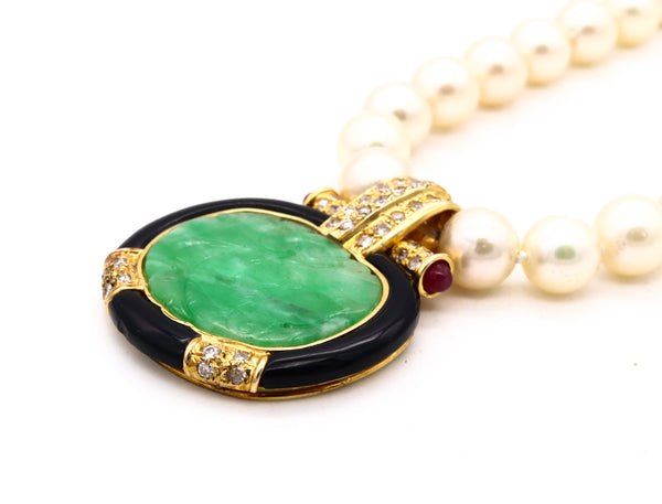 ITALY MID CENTURY 1960 CHINOISERIE NECKLACE WITH 21.38 Ctw IN JADE EMERALDS ONYX AND PEARLS