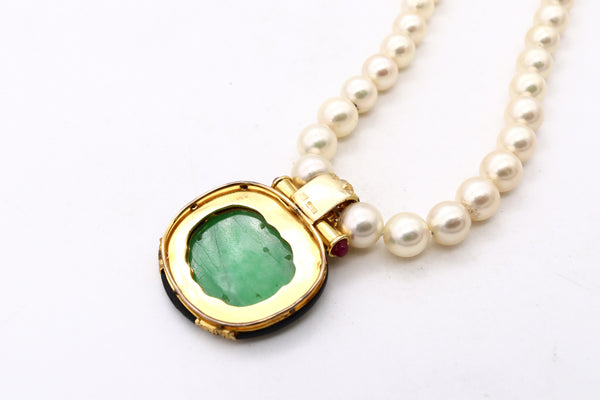 ITALY MID CENTURY 1960 CHINOISERIE NECKLACE WITH 21.38 Ctw IN JADE EMERALDS ONYX AND PEARLS