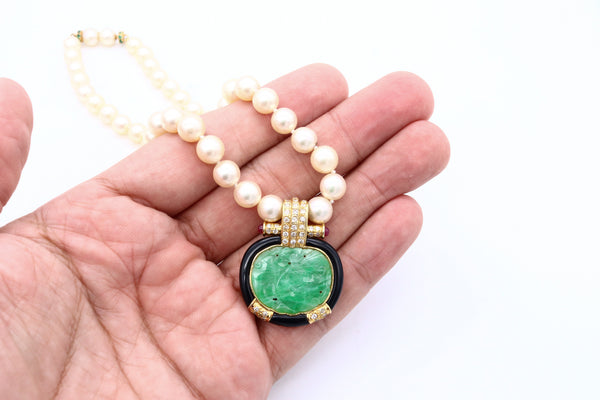 ITALY MID CENTURY 1960 CHINOISERIE NECKLACE WITH 21.38 Ctw IN JADE EMERALDS ONYX AND PEARLS