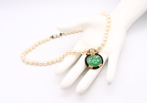 ITALY MID CENTURY 1960 CHINOISERIE NECKLACE WITH 21.38 Ctw IN JADE EMERALDS ONYX AND PEARLS