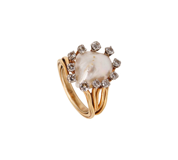 -William Ruser 1950 Cocktail Ring In 18Kt Gold And Platinum With Natural Pearl And Diamonds