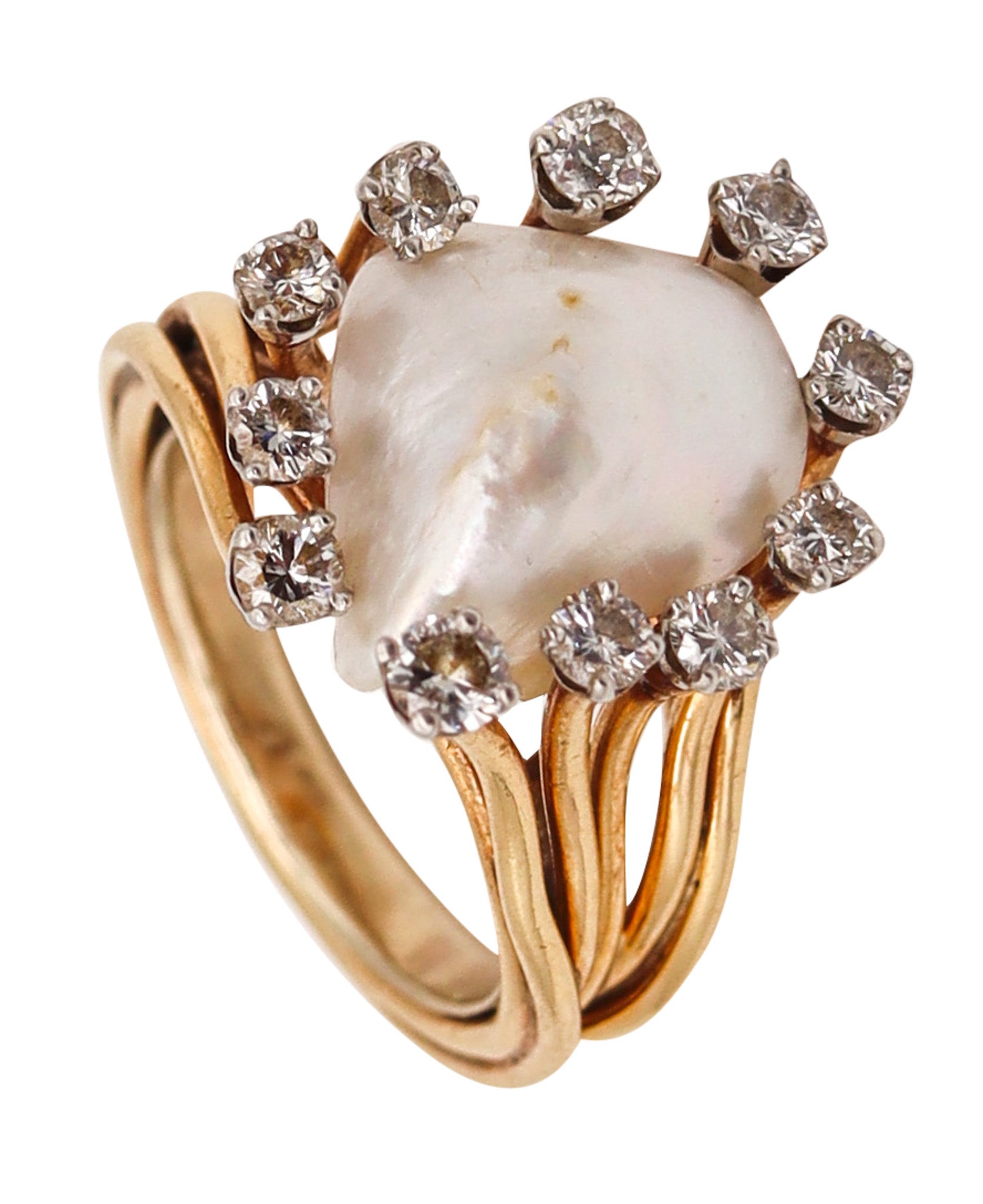 -William Ruser 1950 Cocktail Ring In 18Kt Gold And Platinum With Natural Pearl And Diamonds