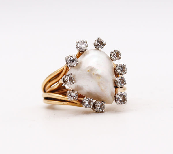 -William Ruser 1950 Cocktail Ring In 18Kt Gold And Platinum With Natural Pearl And Diamonds