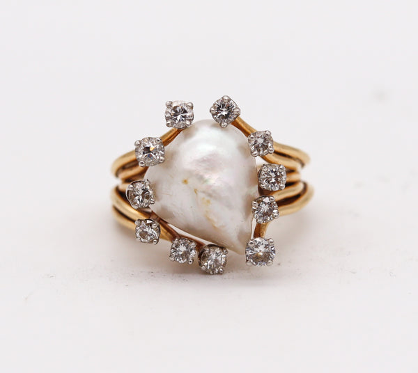 -William Ruser 1950 Cocktail Ring In 18Kt Gold And Platinum With Natural Pearl And Diamonds