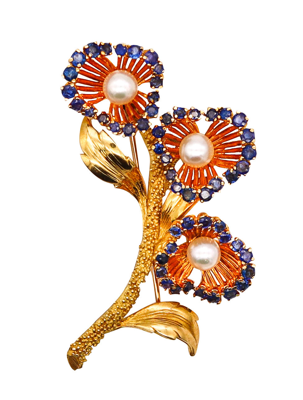 Tiffany Co. 1960 Retro Pin Brooch In 18Kt Gold With 3.35 Cts Sapphires And Pearls