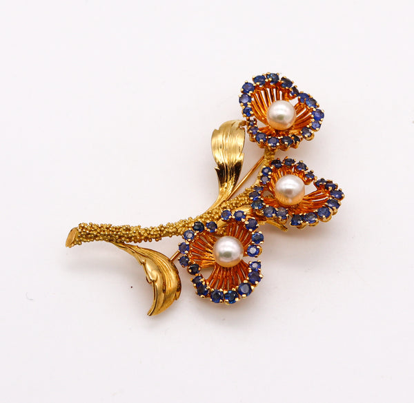 Tiffany Co. 1960 Retro Pin Brooch In 18Kt Gold With 3.35 Cts Sapphires And Pearls