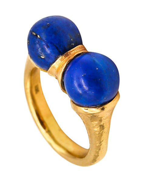 Modernist Sculptural Greek Ring In Hammered 18Kt Yellow Gold With Lapis Lazuli