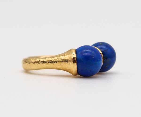 Modernist Sculptural Greek Ring In Hammered 18Kt Yellow Gold With Lapis Lazuli