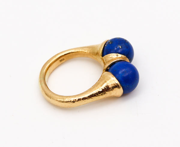 Modernist Sculptural Greek Ring In Hammered 18Kt Yellow Gold With Lapis Lazuli