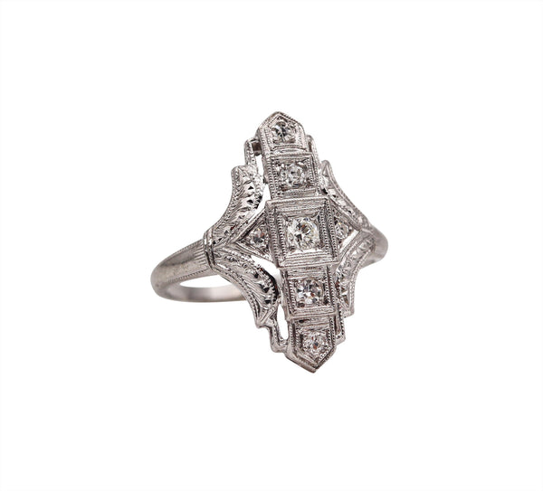 (S)Lambert Brothers 1922 Art Deco Ring In 18Kt White Gold With Rose Cut VS Diamonds