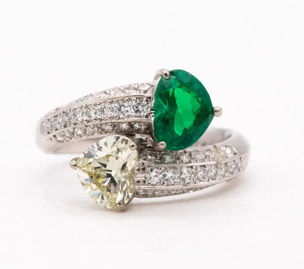 Gia Certified Platinum Toi Et Moi Ring With 2.81 Ctw In Muzo Colombian Emerald & Diamonds